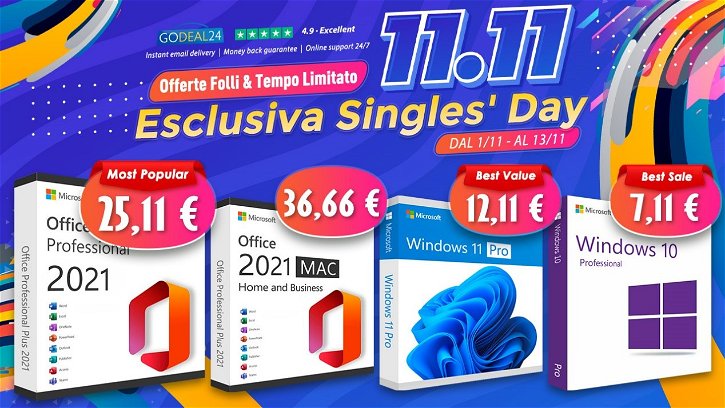 Immagine di Singles' Day su GoDeal24 con offerte limitate su Office 2021 e Windows 10 a partire da 7,11€