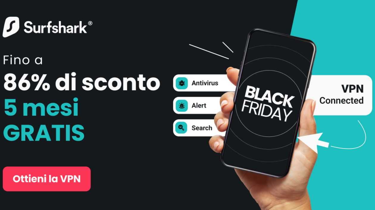 Immagine di Offerta BOMBA Surfshark VPN! 80% di sconto e 5 mesi gratis per il Black Friday