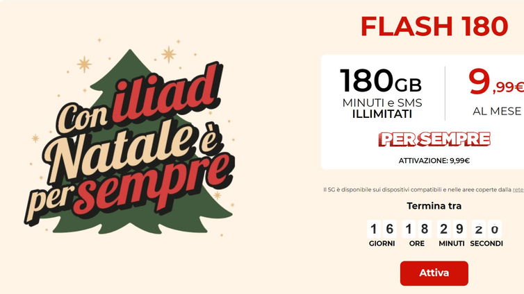 Immagine di Torna Flash 180 di iliad! Per Natale 180GB a 9,99€