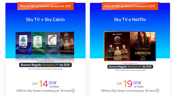 Immagine di Sky: buono Amazon da 50€ in regalo con le promo calcio e intrattenimento plus