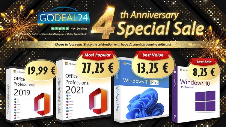 Immagine di 4° Anniversario GoDeal24: accesso a vita a Office 2021 e a Windows 11 a partire da 10€