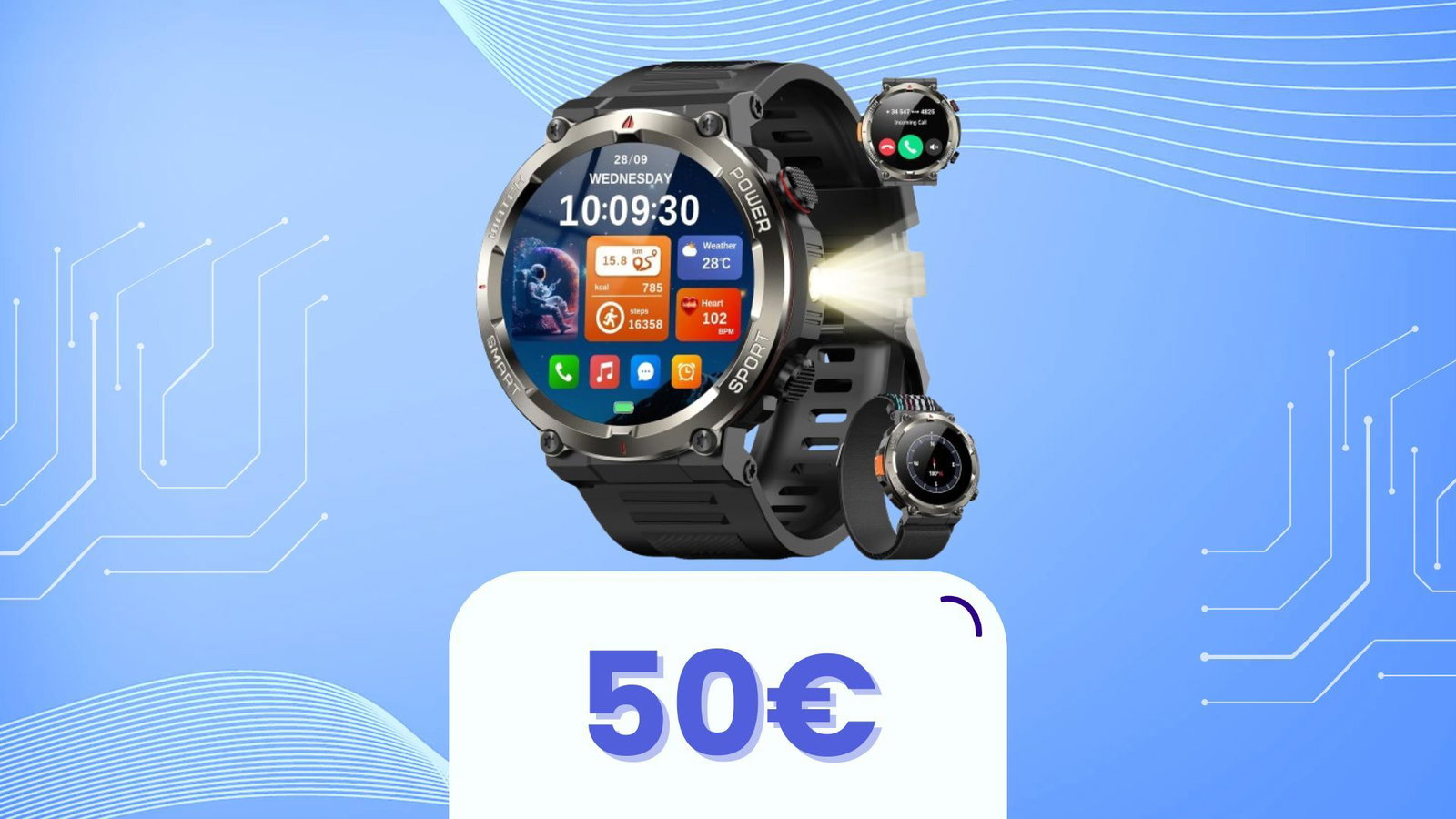 Yxtel W50Pro Smartwatch Militare Uomo – 1.45" Chiamate Bluetooth, 100 Sport, Batteria 960mAh, Bussola E Torcia