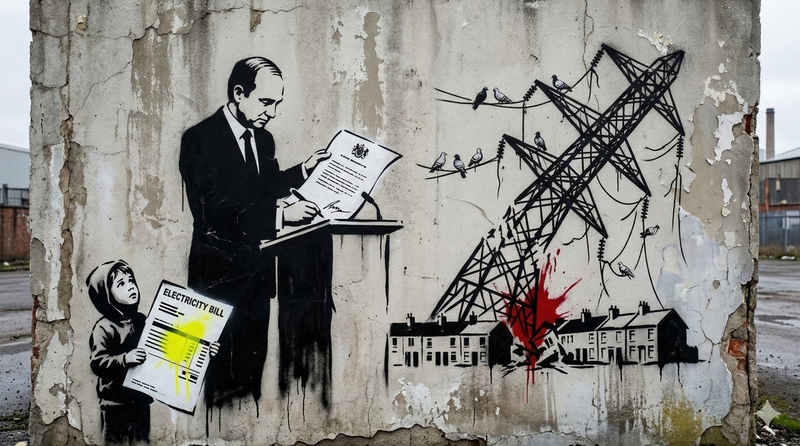 Street art stile Banksy: politico firma documento mentre bambino mostra bolletta della luce, traliccio che crolla sulle case