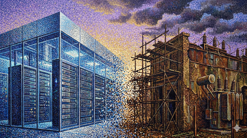 Data center moderno accanto a vecchia infrastruttura elettrica, stile puntinista