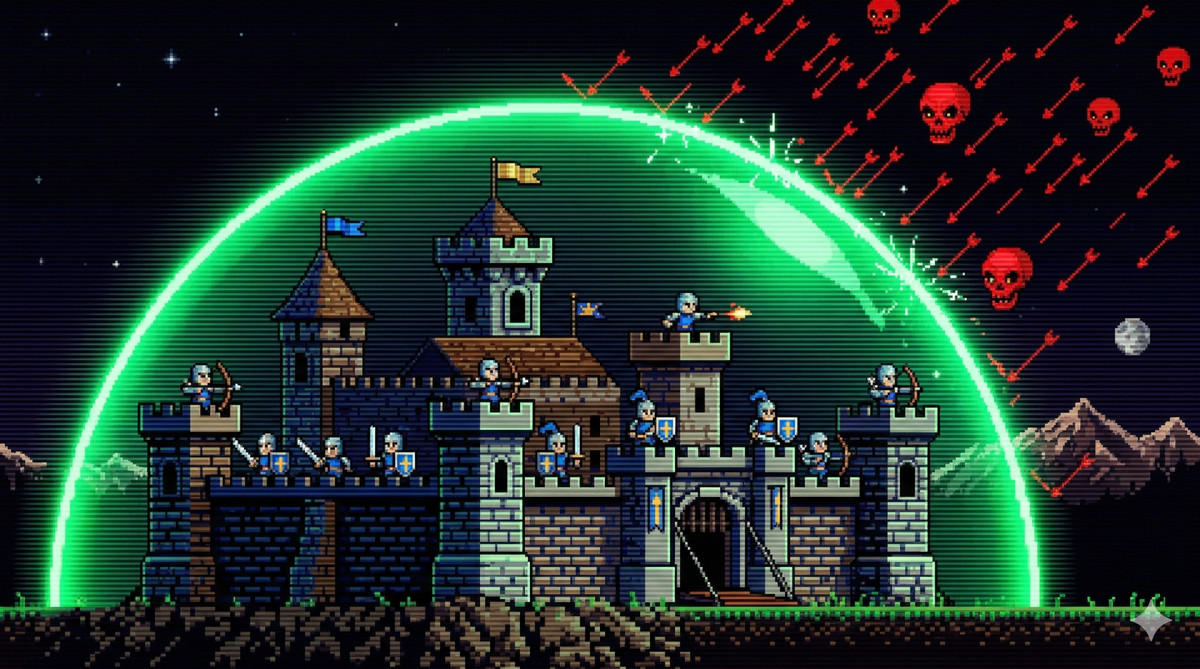 Castello difeso da scudo verde contro frecce e teschi rossi, stile pixel art