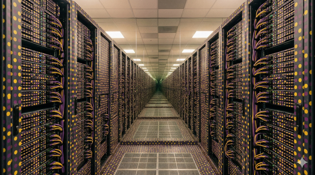 Corridoio di un data center con rack di server illuminati