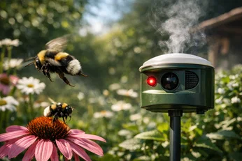 Il repellente da giardino che disorienta i bombi Un bombo in volo in un giardino mentre un repellente antizanzare vaporizza pralletrina