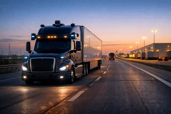I camion senza conducente fanno un altro passo Camion autonomo su autostrada texana vicino a un hub logistico