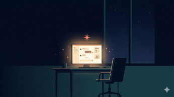 Gemini Spark lavora anche di notte Ufficio buio con monitor acceso e interfaccia chat al lavoro mentre l'utente dorme
