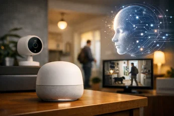 Google Home mette Gemini nelle telecamere: la casa reagisce Casa moderna con telecamere smart e pannelli luminosi astratti che suggeriscono automazioni IA, senza loghi o testo leggibile