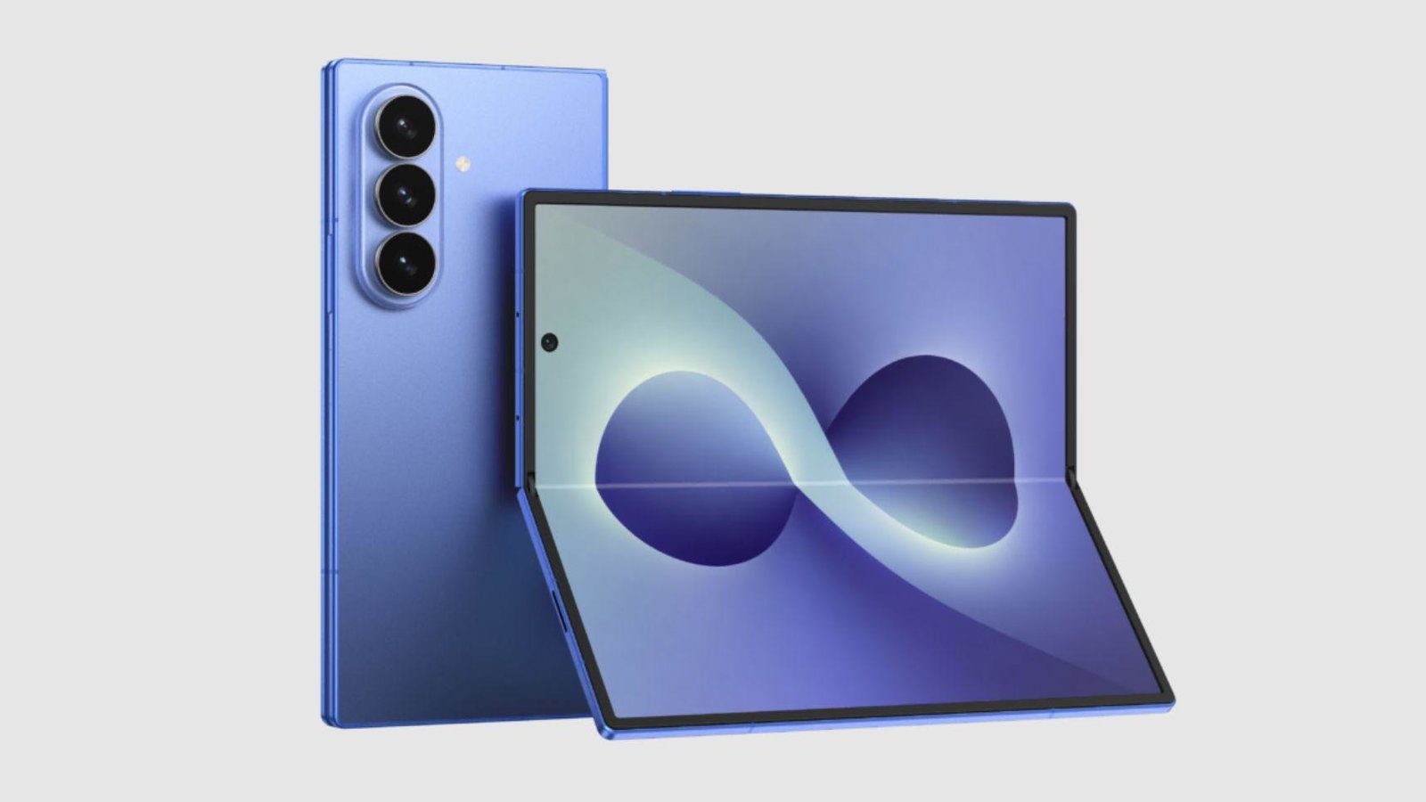 Rendering del Samsung Galaxy Z Fold 8 viola, mostrato aperto e chiuso