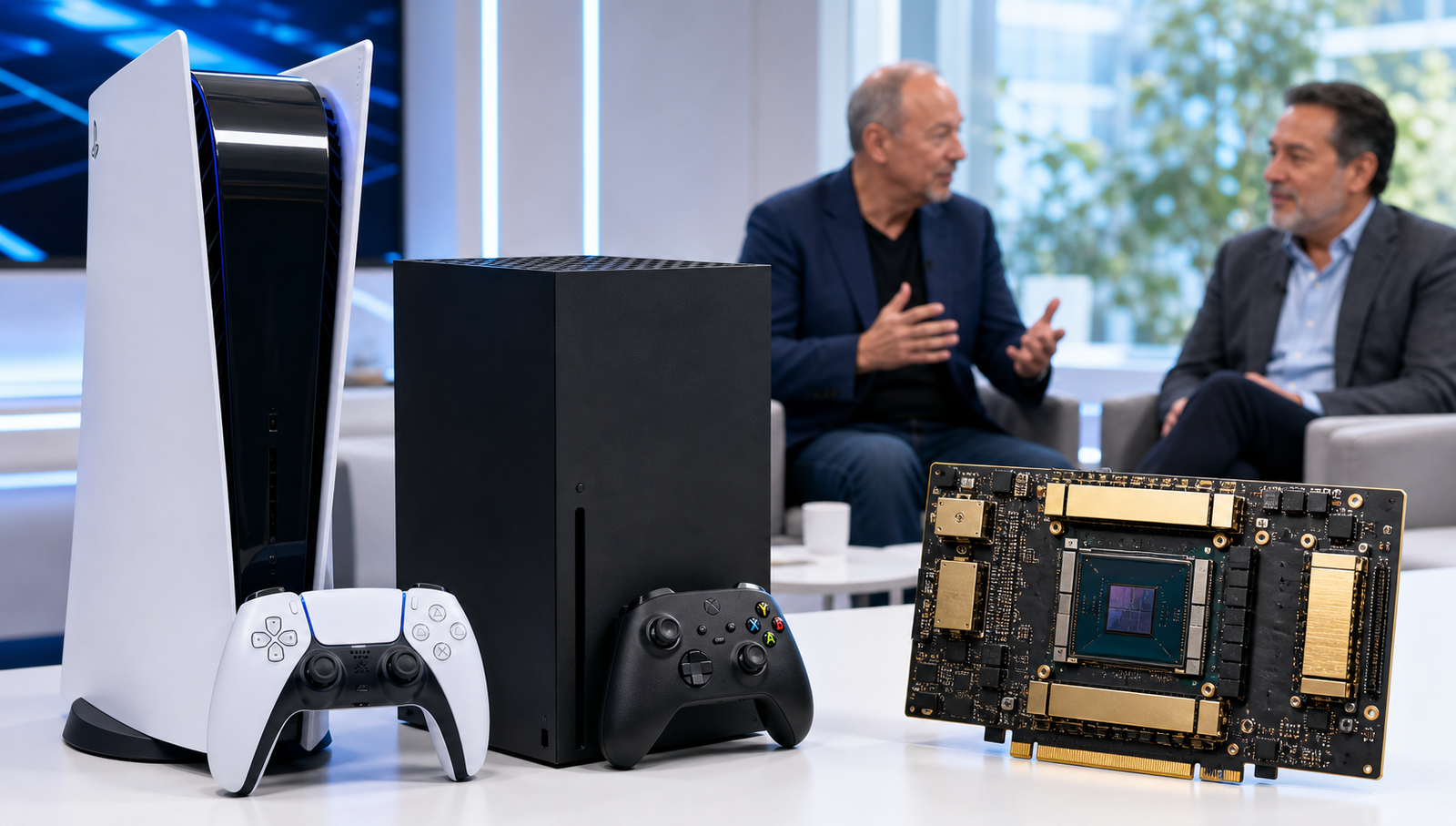 Persona osserva console da gioco accanto a simboli di intelligenza artificiale e chip circuiti