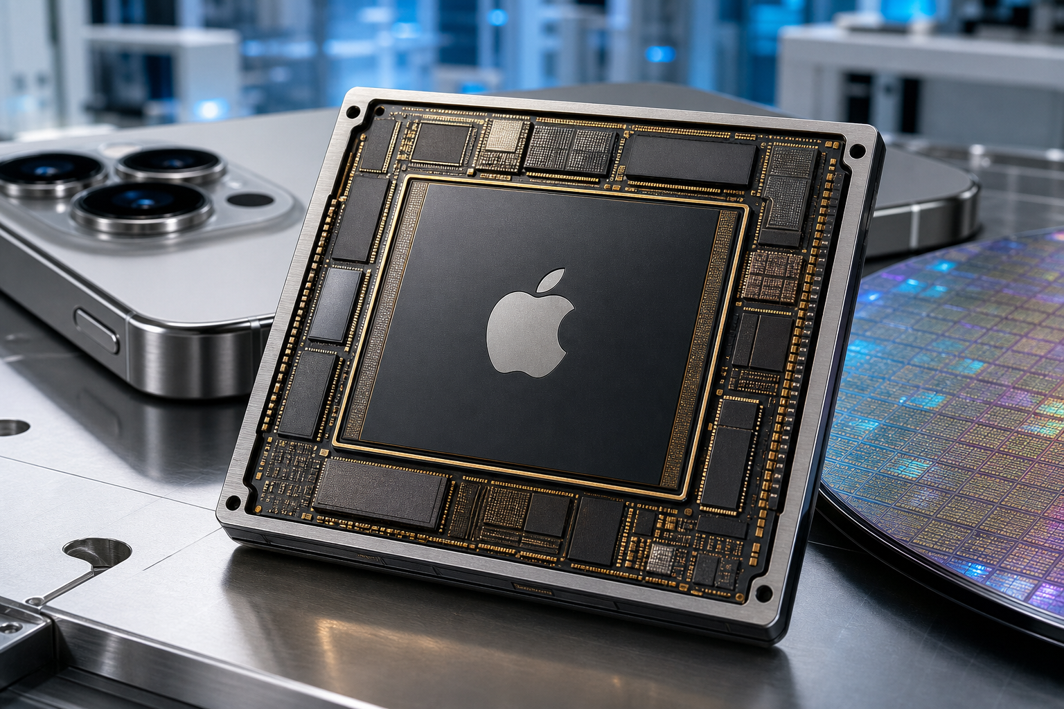Rappresentazione grafica di un chip Apple su sfondo tecnologico con dettagli di circuiti e nomenclatura N2