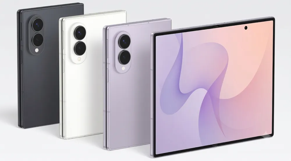 Smartphone Samsung pieghevole aperto lateralmente, schermo interno visibile, design moderno con cornici ridotte, immagine di approfondimento