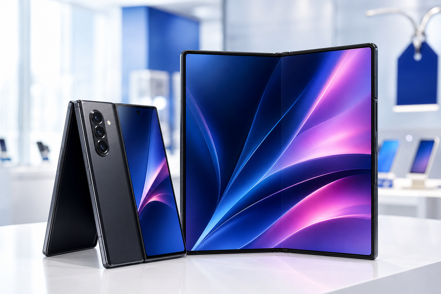 Smartphone Samsung pieghevole aperto lateralmente, schermo interno visibile, design moderno con cornici ridotte