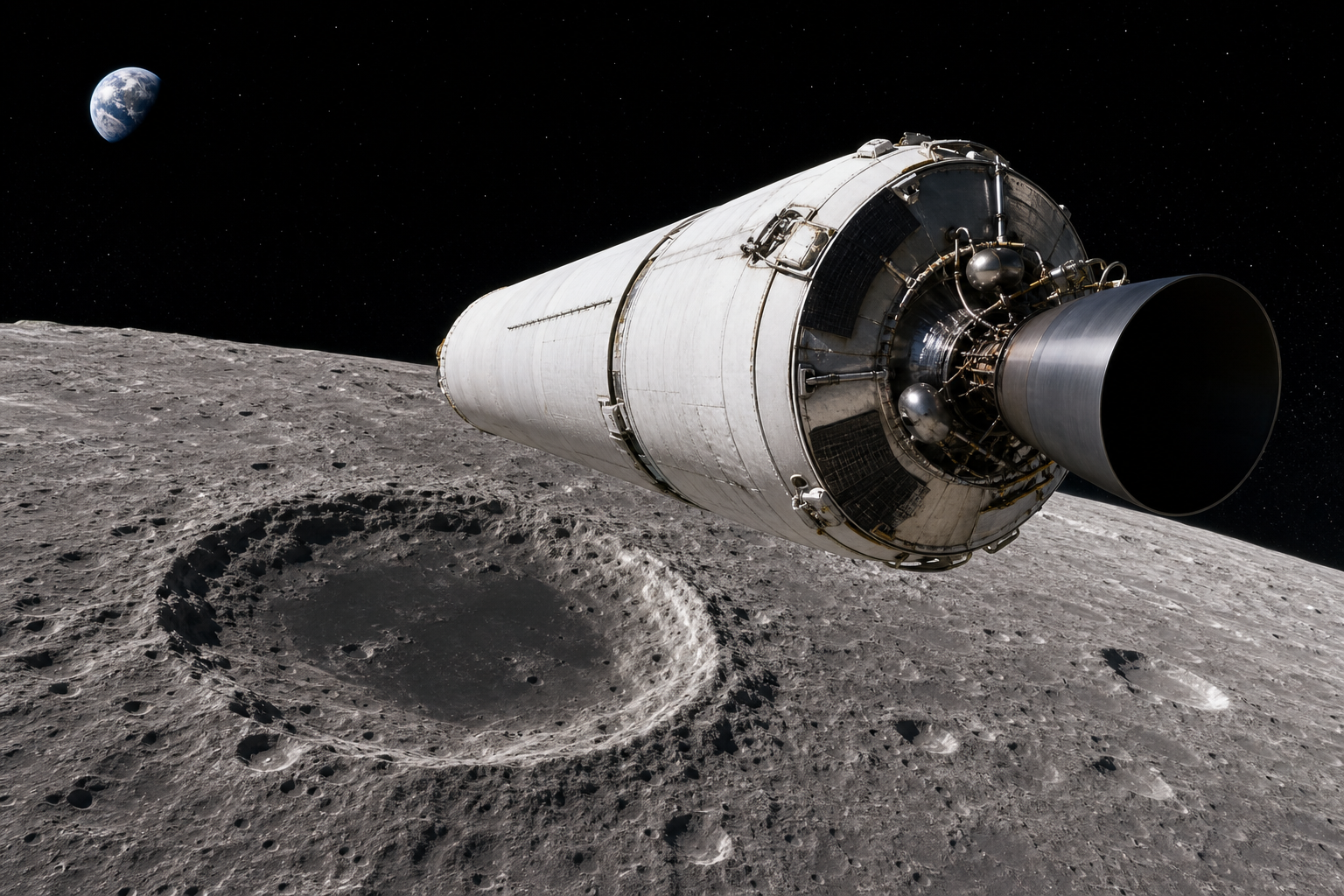 Cratere lunare visto dallo spazio con roccia dispersa intorno, superficie grigia della Luna