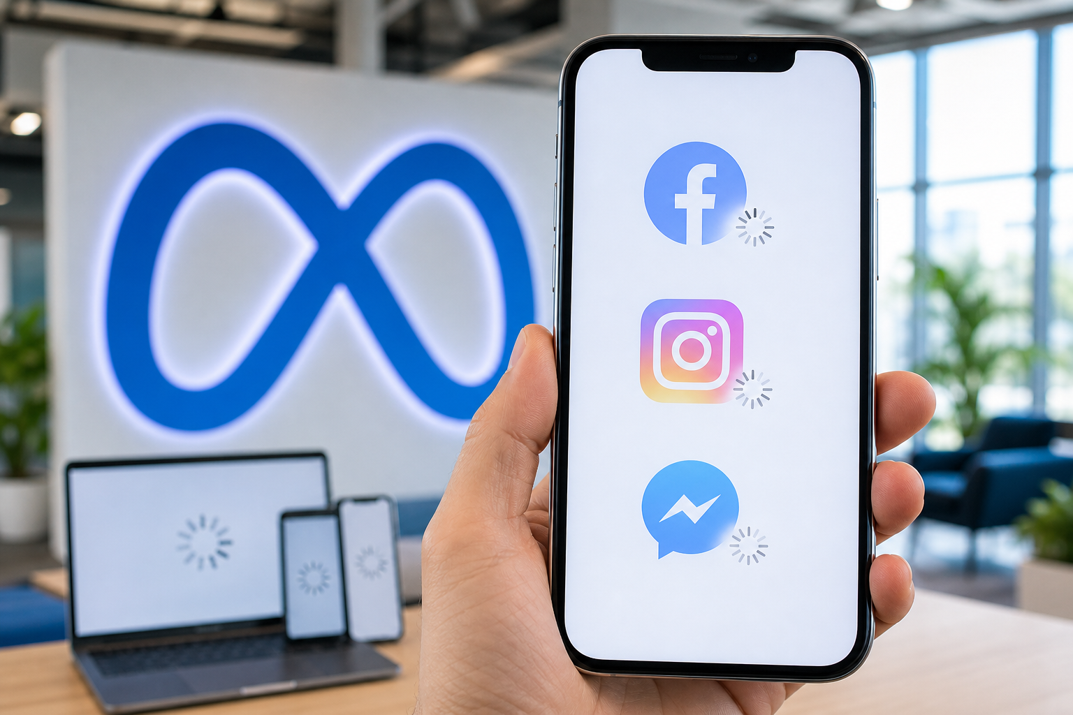 Schermo smartphone con app Meta non responsive, icone grigie, messaggio errore caricamento dati