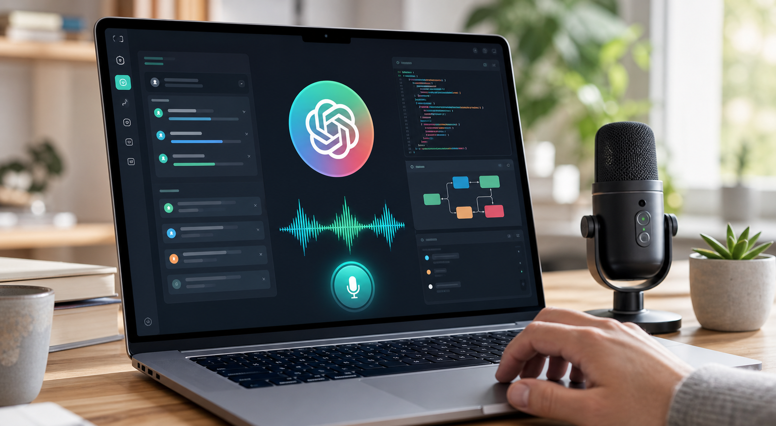 Interfaccia desktop di ChatGPT con funzioni vocali attive, microfono virtuale, conversazione in corso con assistente IA