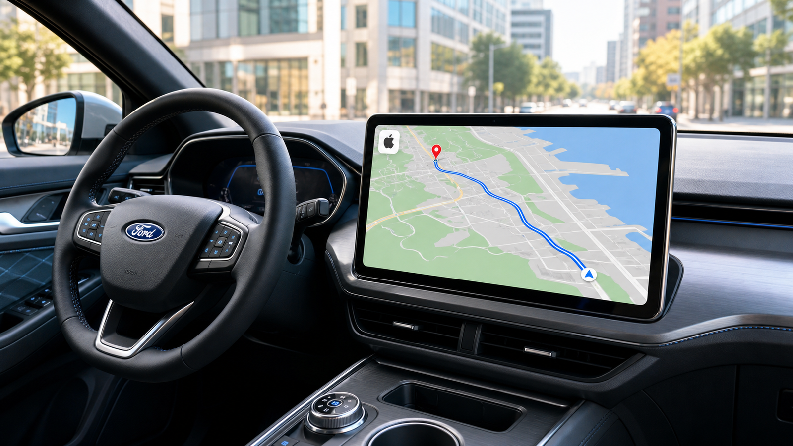 Interno di auto elettrica Ford con schermo di bordo che visualizza mappa Apple Maps integrata, immagine di approfondimento