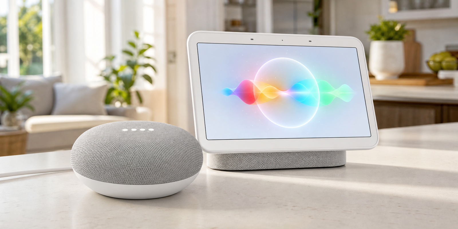 Dispositivo smart speaker Google Home in salotto con schermo, utente che interagisce vocalmente