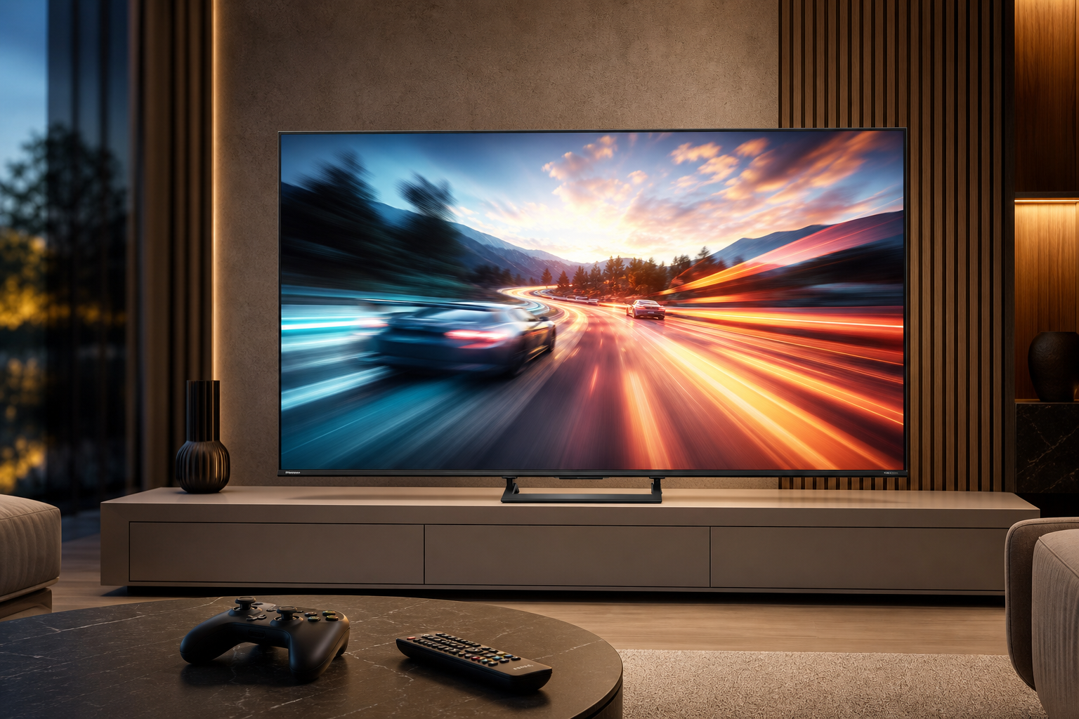 Televisore moderno con display ampio per gaming e intrattenimento su sfondo neutro