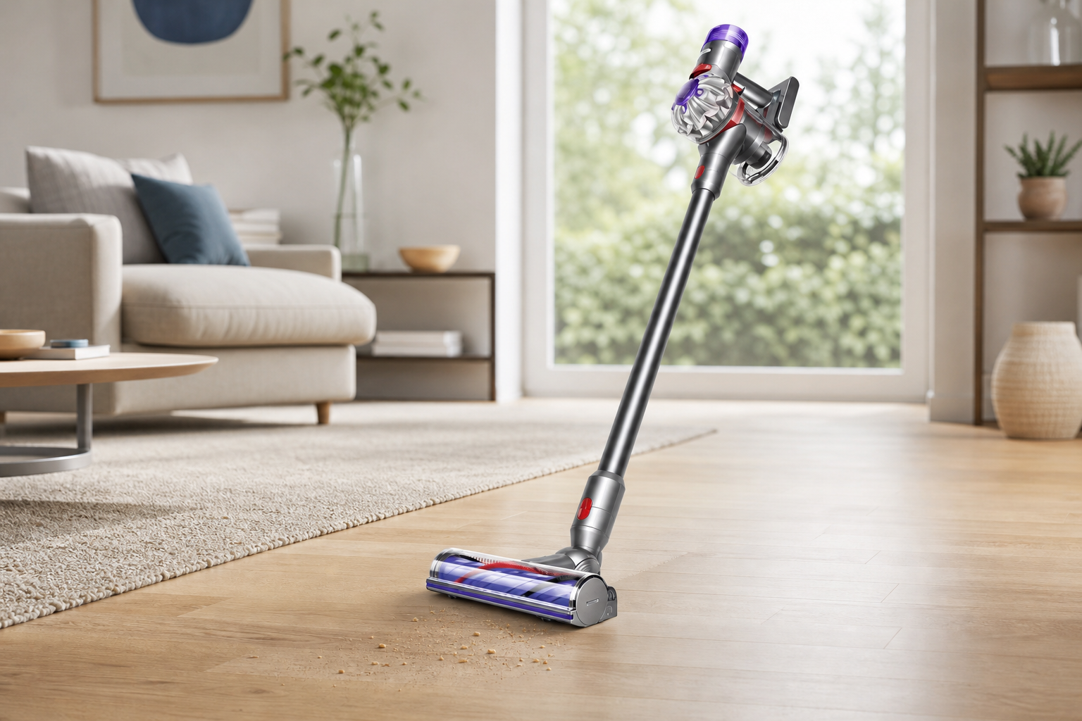 Aspirapolvere Dyson V8 Origin senza filo su tavolo con cartellino sconto promozionale