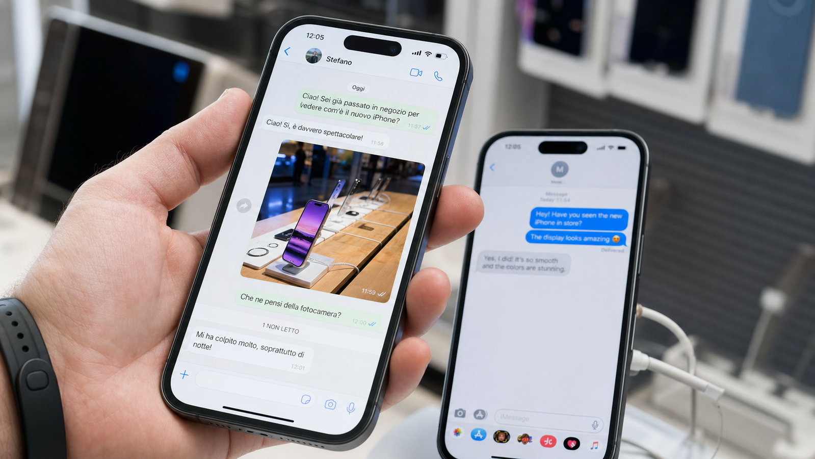 Schermo di iPhone con conversazione WhatsApp che mostra bolle di messaggi arrotondate e contenuti multimediali integrati