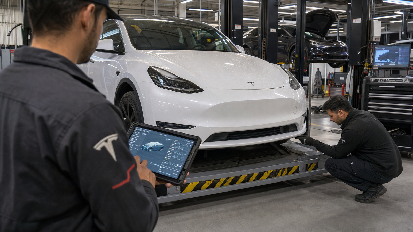 Grafico di crollo dei titoli Tesla, numero 374 su schermo, freccia rossa in discesa con sfondo blu da centro dati