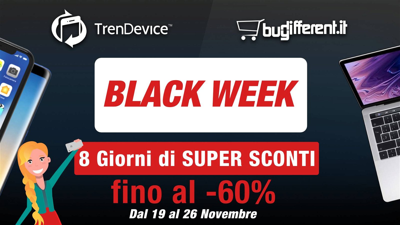 Immagine di TrenDevice e BuyDifferent, con la Black Week sconti fino al 60% su smartphone, tablet e Mac ricondizionati