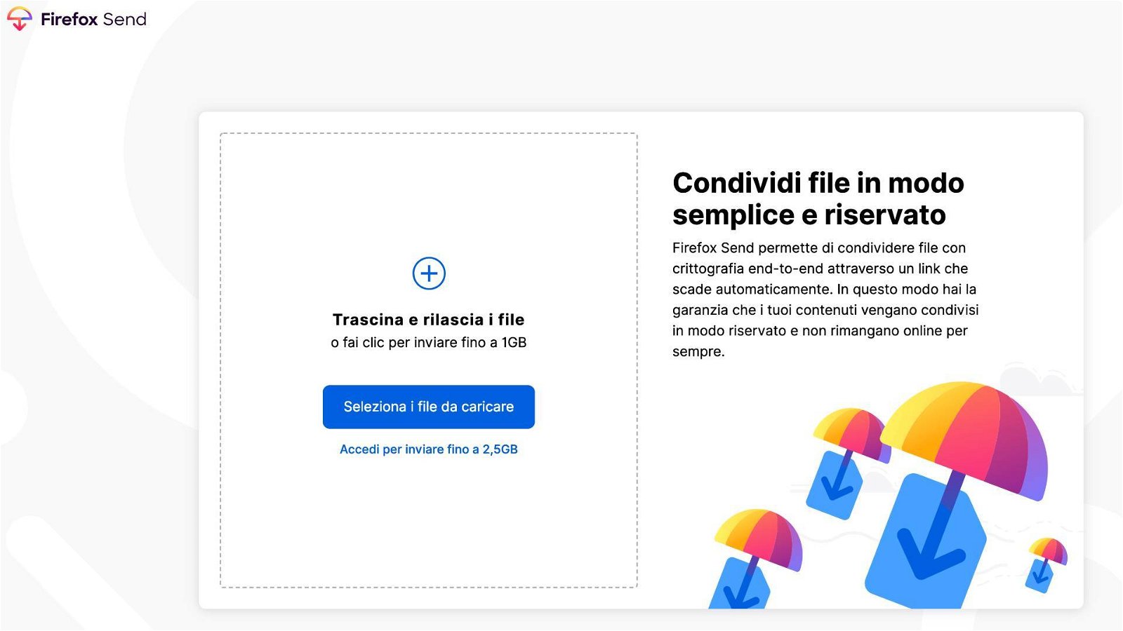 Immagine di Firefox Send in italiano, condivisione di file con cifratura e link a tempo
