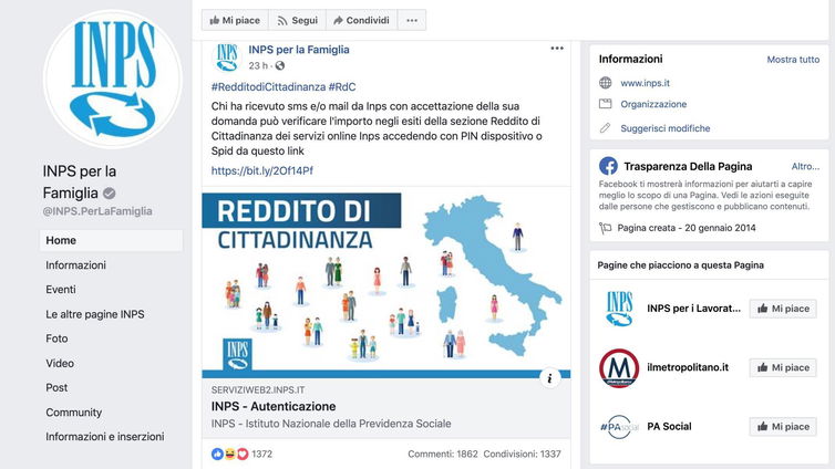 Immagine di "Reddito di cittadinanza" sulla pagina Facebook dell'INPS: moderatori disperati