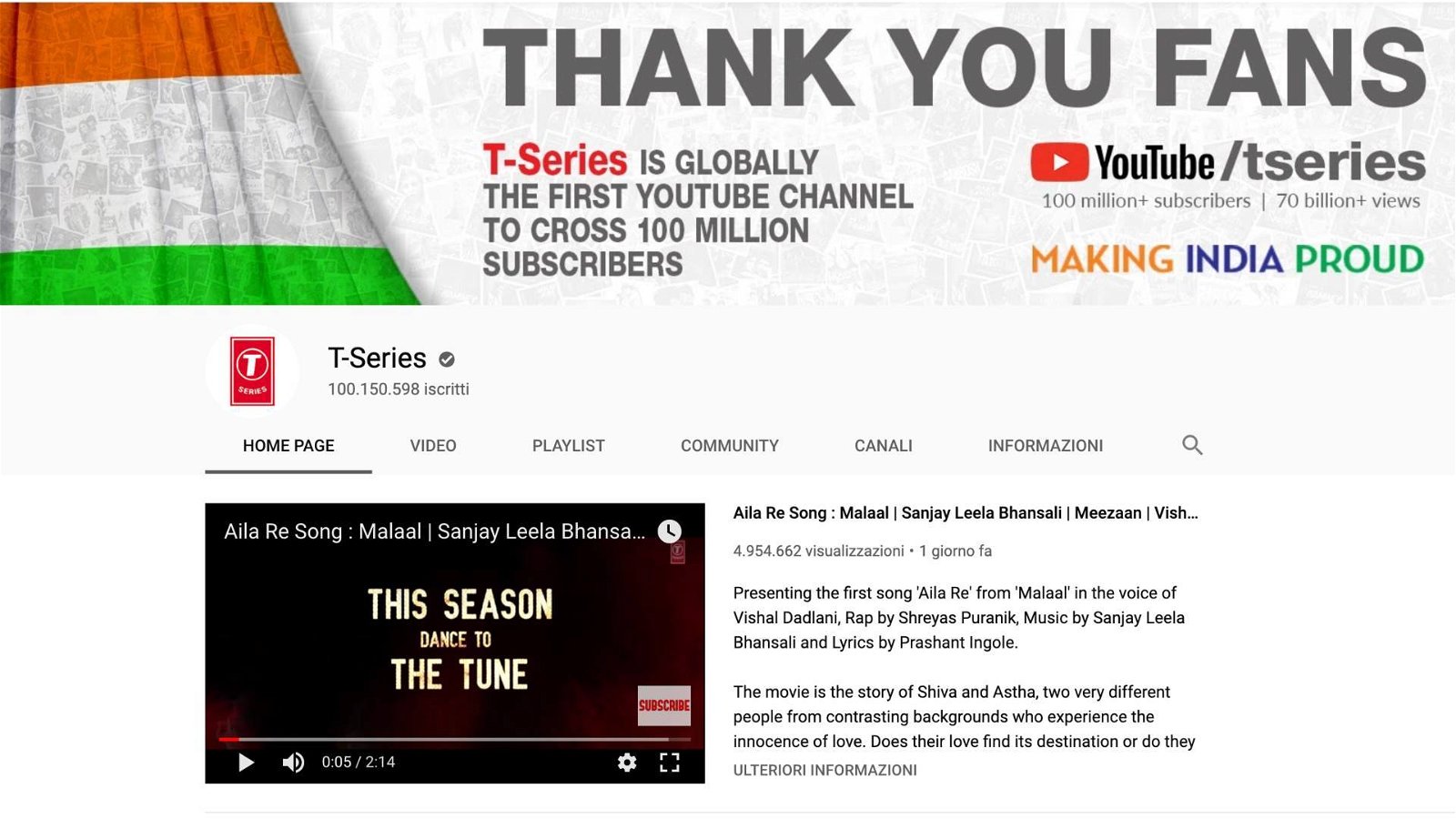Immagine di T-Series, il canale YouTube con più di 100 milioni di iscritti