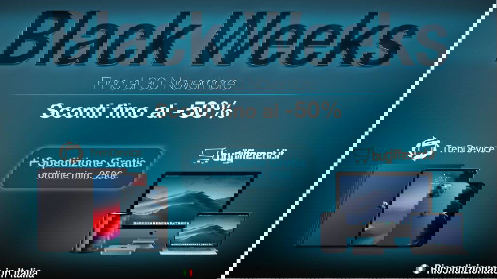 Immagine di iPhone e Mac: sconto fino al 50% e spedizione gratis con il Black Friday TrenDevice e BuyDifferent