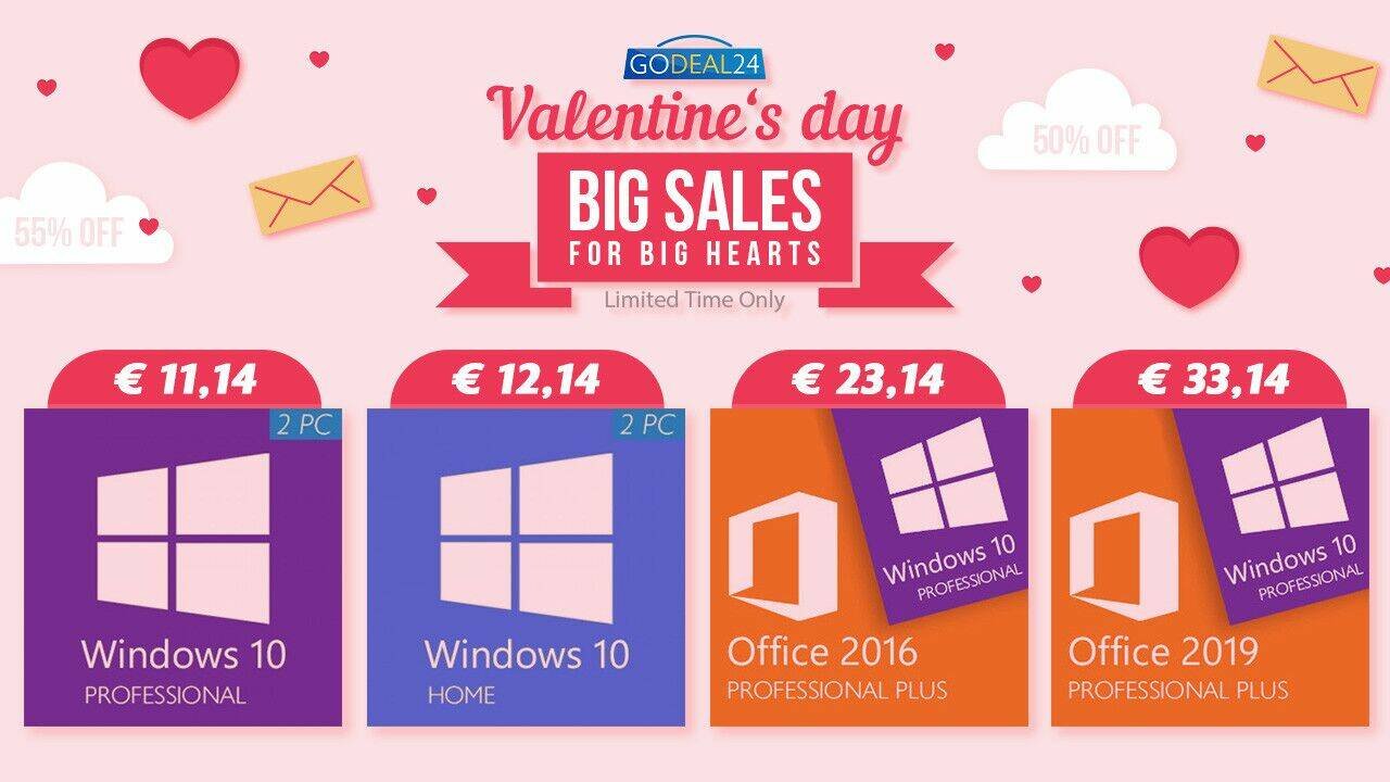 Immagine di Solo 15 € per Microsoft Office, 5 € per Windows 10: già online le offerte di San Valentino di Godeal24