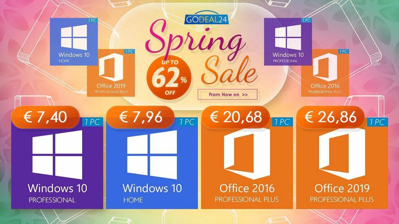 Immagine di Microsoft Office a 15€, Windows 10 a 7€: arrivano gli sconti di primavera su Godeal24