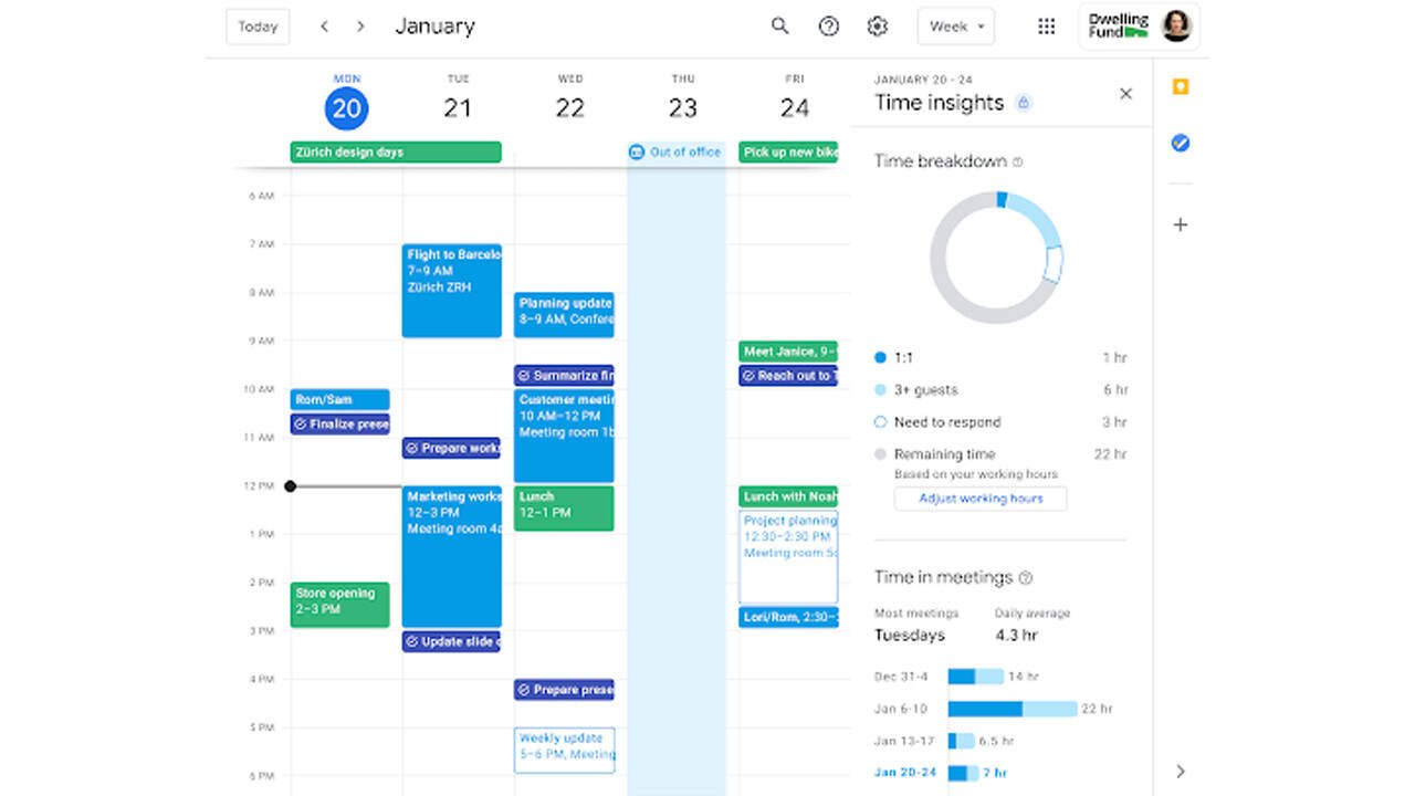 Immagine di Google Calendar mostrerà quante ore a settimana passiamo in riunione