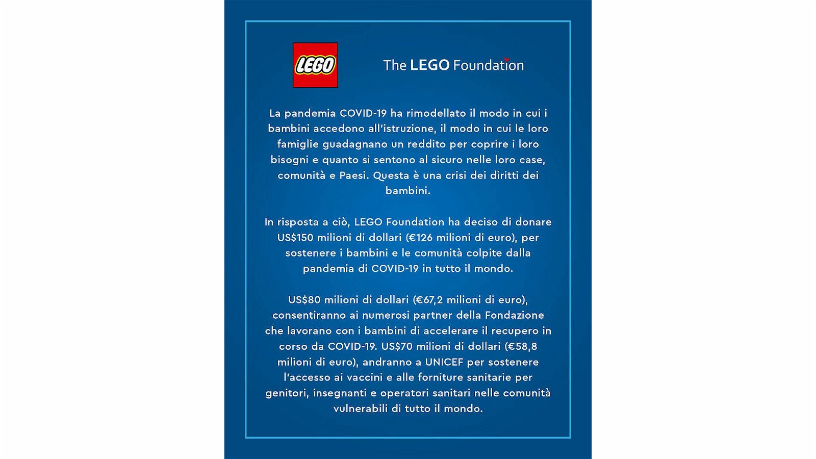 Immagine di LEGO Foundation annuncia una nuova donazione di 126  milioni di euro per le famiglie colpite dalla pandemia Covid-19