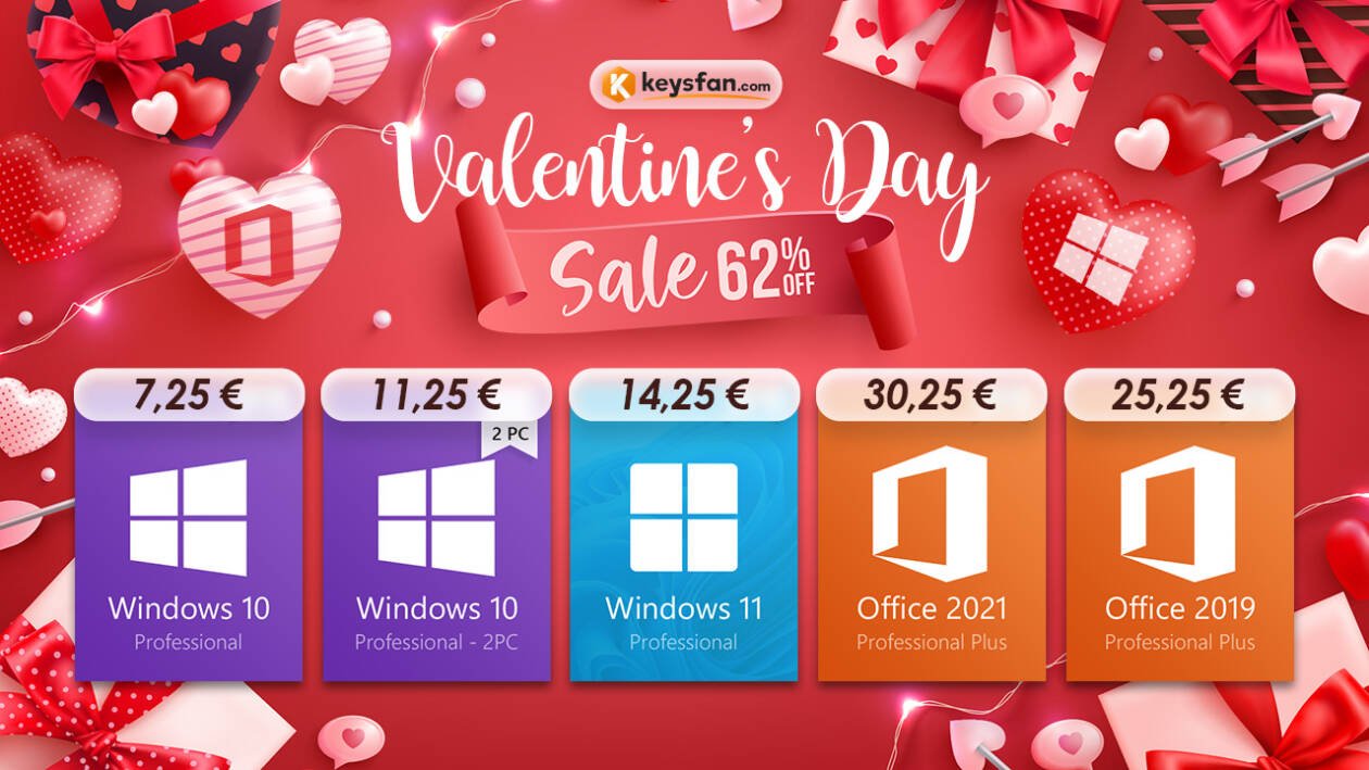 Immagine di Saldi di San Valentino su Keysfan: Windows da 7,25€ e sconti del 62% su altri software Microsoft