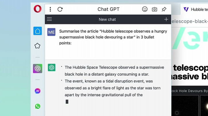 Immagine di Opera integra ChatGPT: in arrivo nella barra laterale