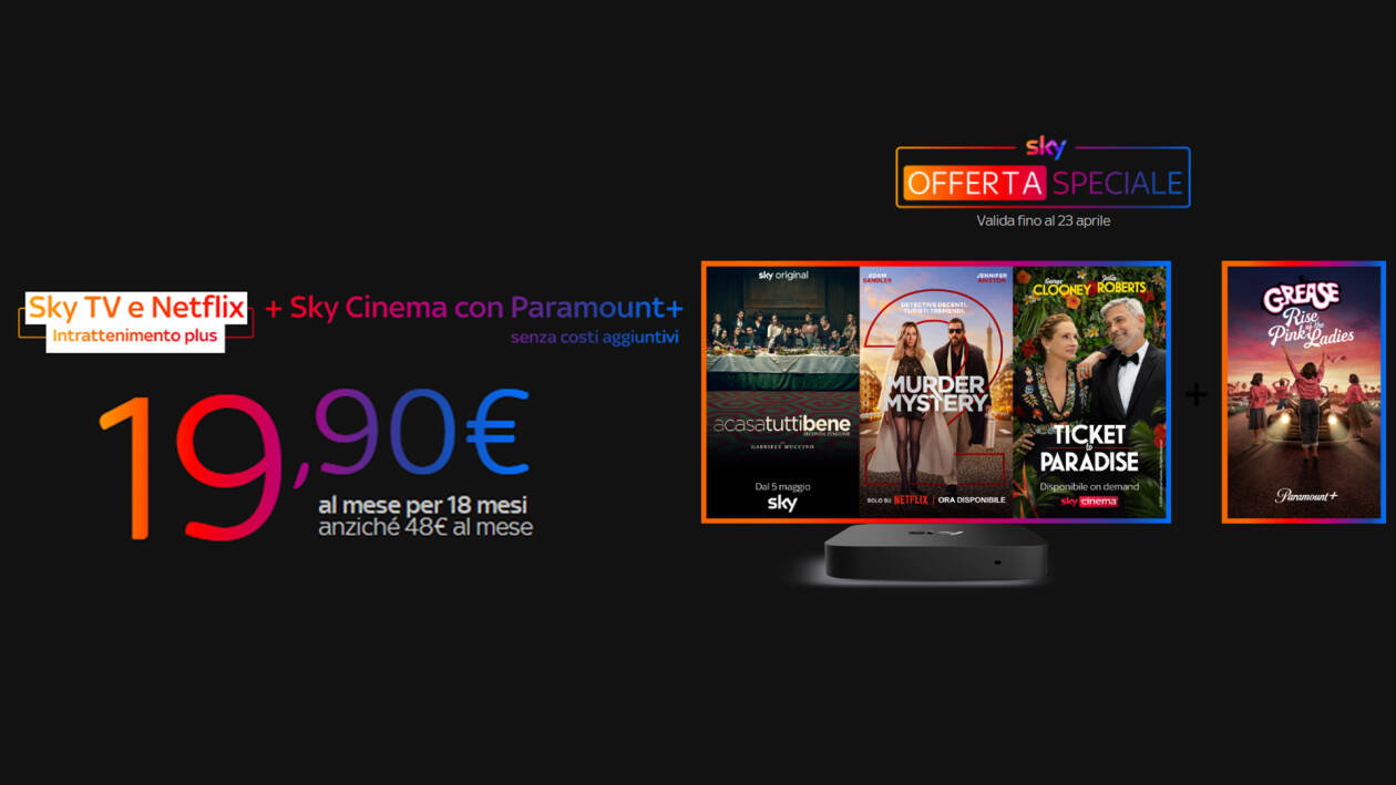 Immagine di Solo 19,90€ per 18 mesi per Sky TV, Netflix, Sky Cinema e Paramount+