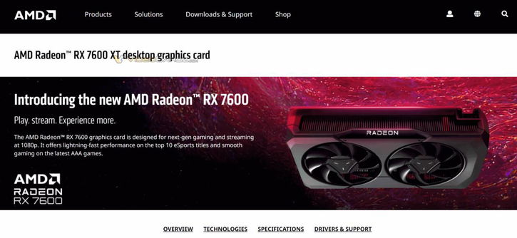 Immagine di AMD Radeon RX 7600 XT compare nelle pagine ufficiali